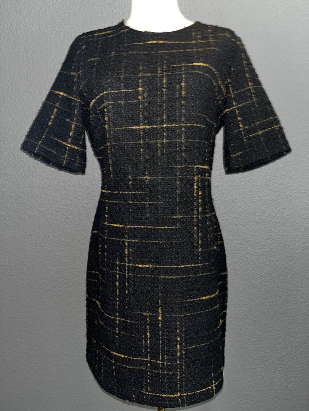 ZARA Black Gold Tweed Short Sleeve Mini Shift Sheath Dress - New with Tags - M